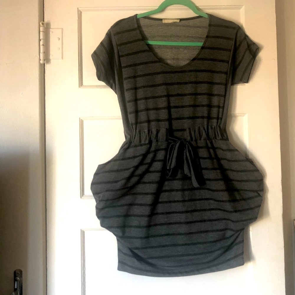 Lush Gray Striped Casual Dress with Pockets Small